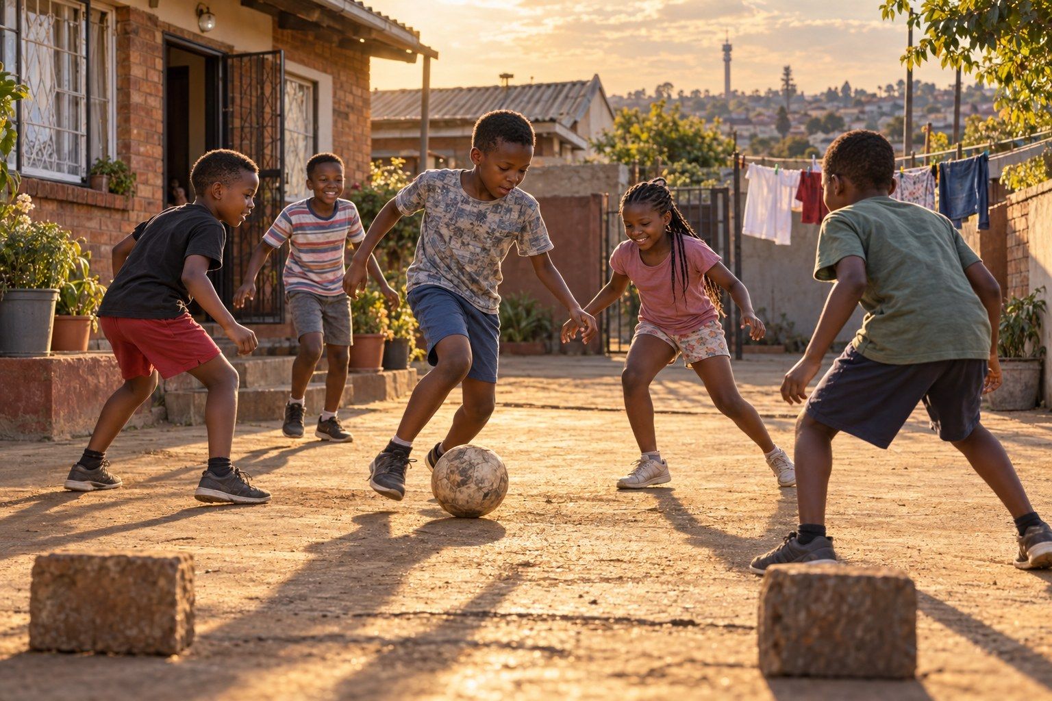 Six children play football on a bare earth yard between brick houses. One boy is about to strike a worn ball; washing hangs on a line behind them and a city skyline stands against a low sun.