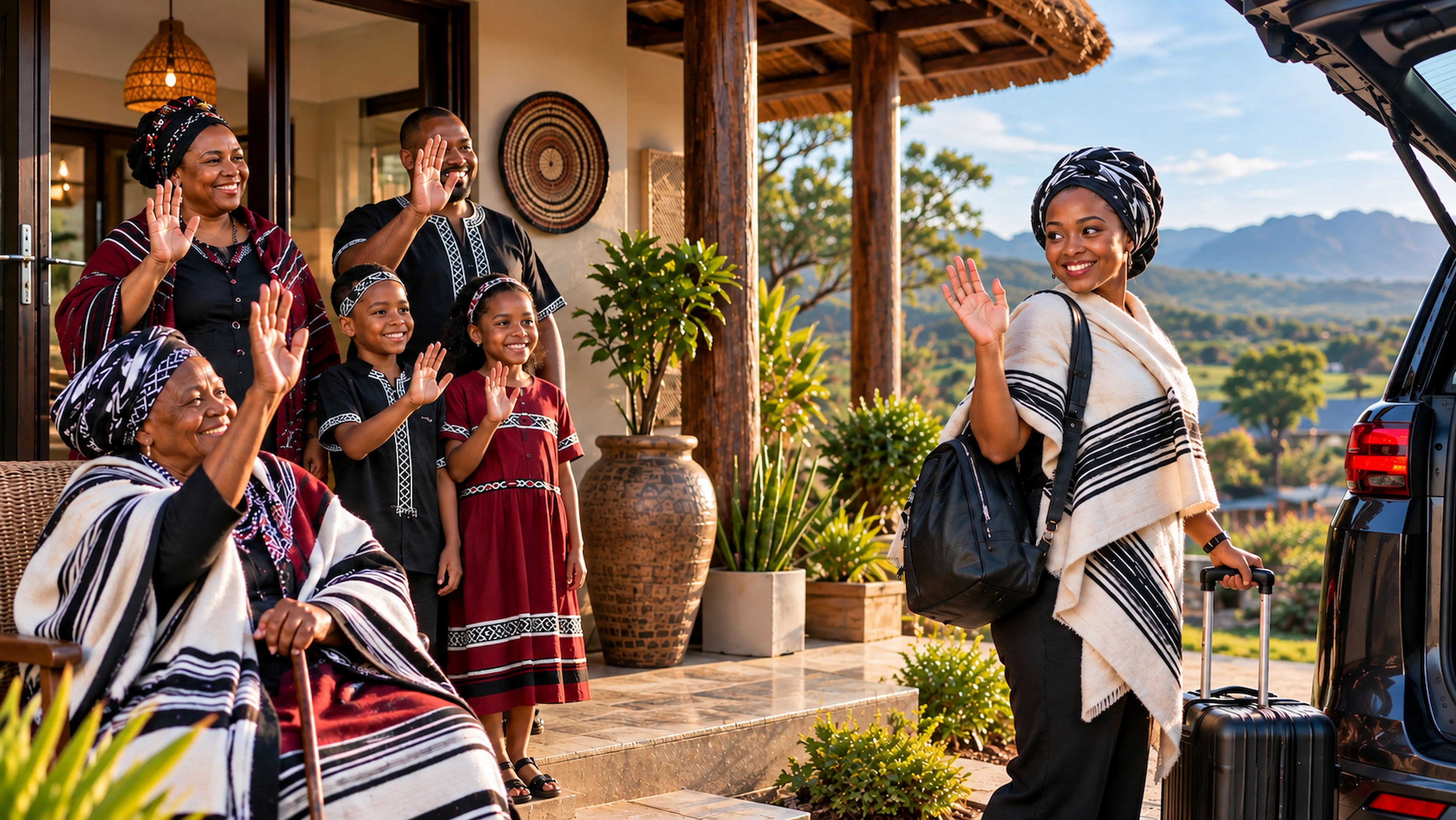A family waving goodbye outside their home at golden hour: an elder seated in a blanket, two women, a man and two children waving, while a younger woman with a suitcase turns back to wave from beside a car.